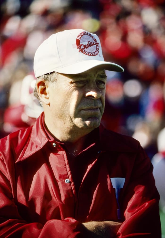 Indiana football coach Bill Mallory on the sidelines for a game against Illinois in 1990. Mallory led the Hoosiers from 1984-96, and is the school's all-time winningest football coach.
